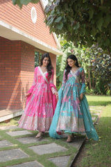 Sky Blue Designer Readymade Gown-Dupatta