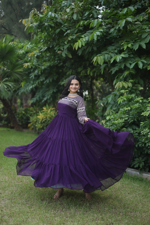 Wine Zari-Thread & Sequins Embroidery Gown