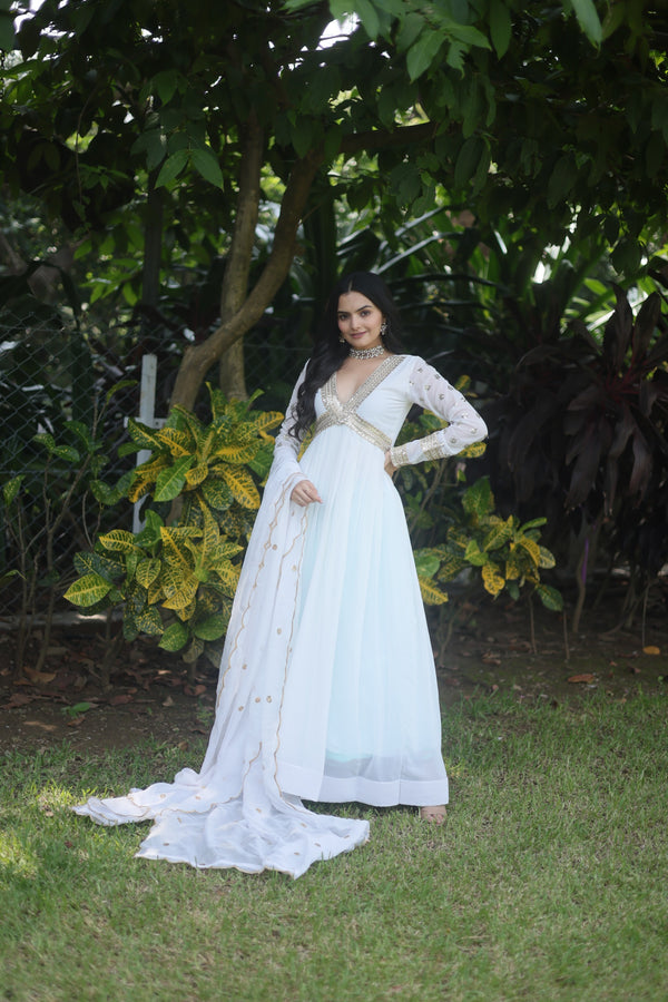 White Embroidery Zari Sequins-work Gown