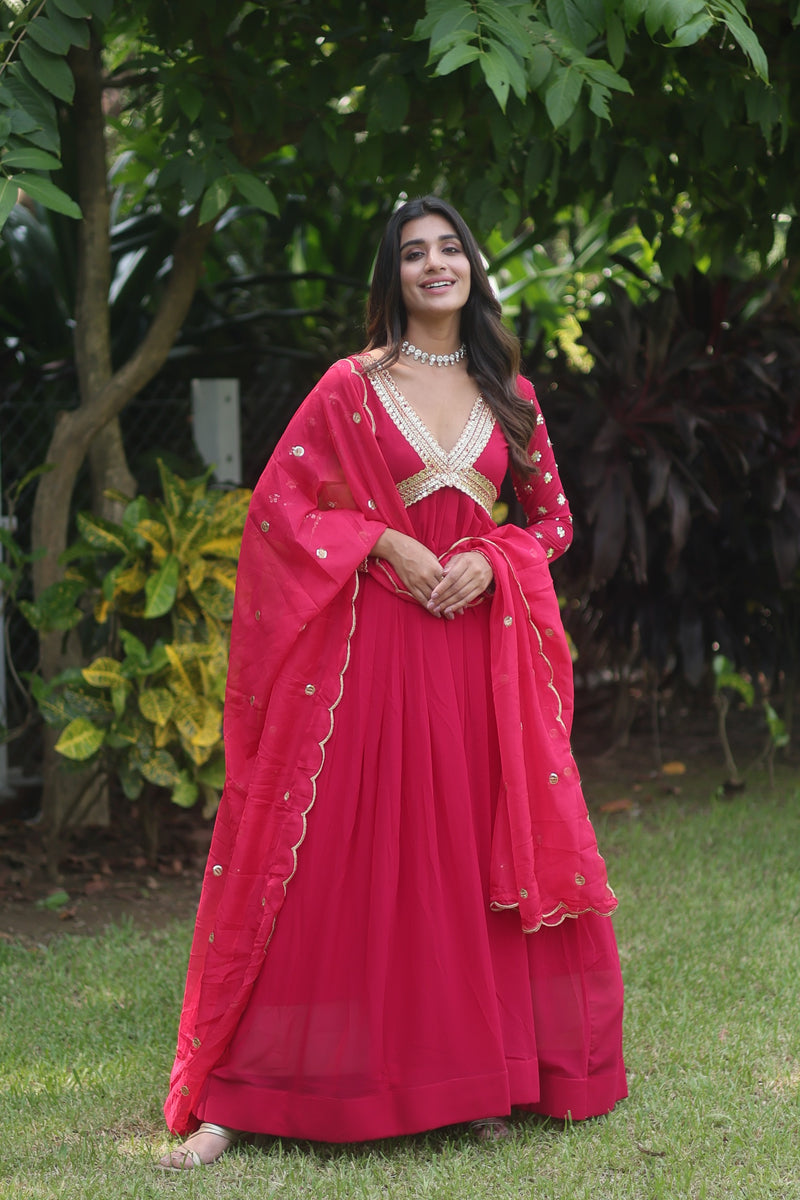 Red Embroidery Zari Sequins-work Gown