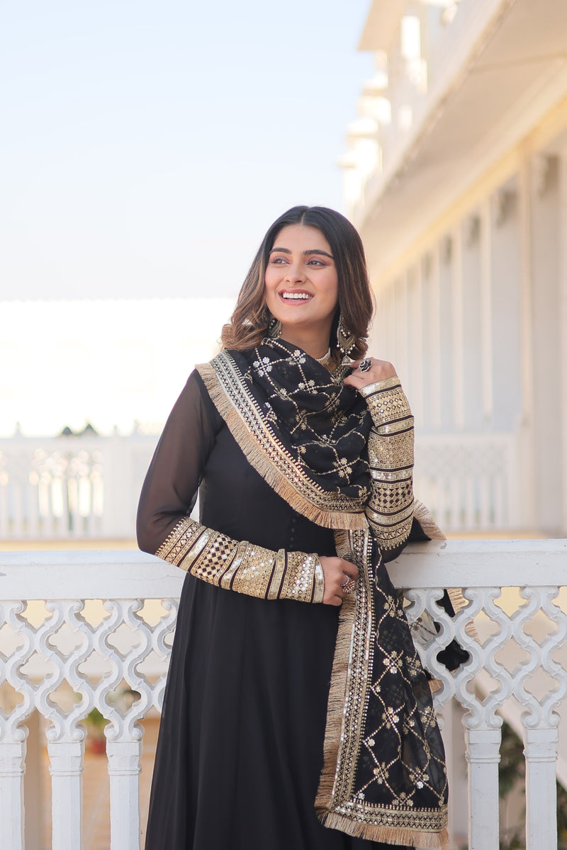 Black Faux Blooming Gown with Dupatta