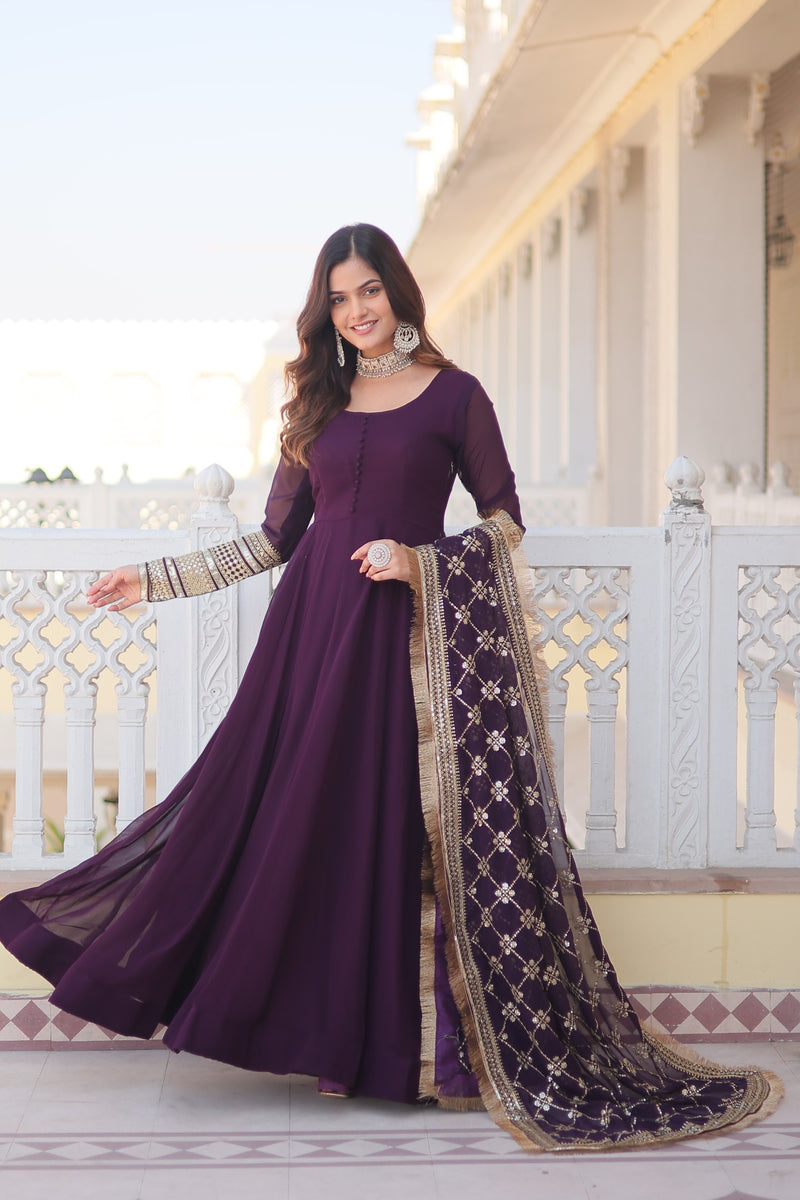 Wine Faux Blooming Gown with Dupatta
