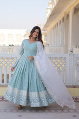 Blue Faux Georgette with Thread & Sequins Embroidery Gown