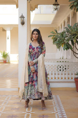 Fancy V Neck Alia Cut Gown With Dupatta Set