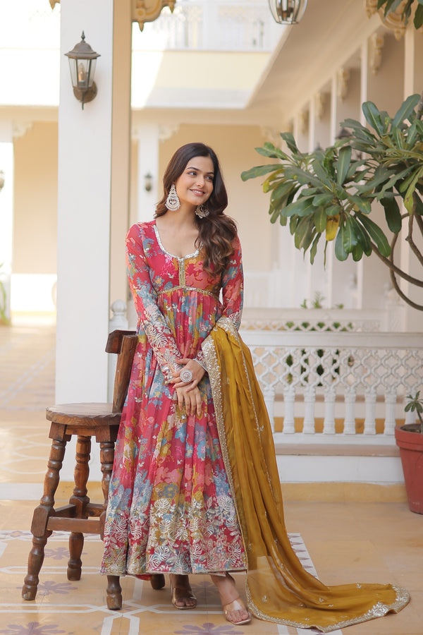 Multicolour Fancy V Neck Alia Cut Gown With Dupatta Set
