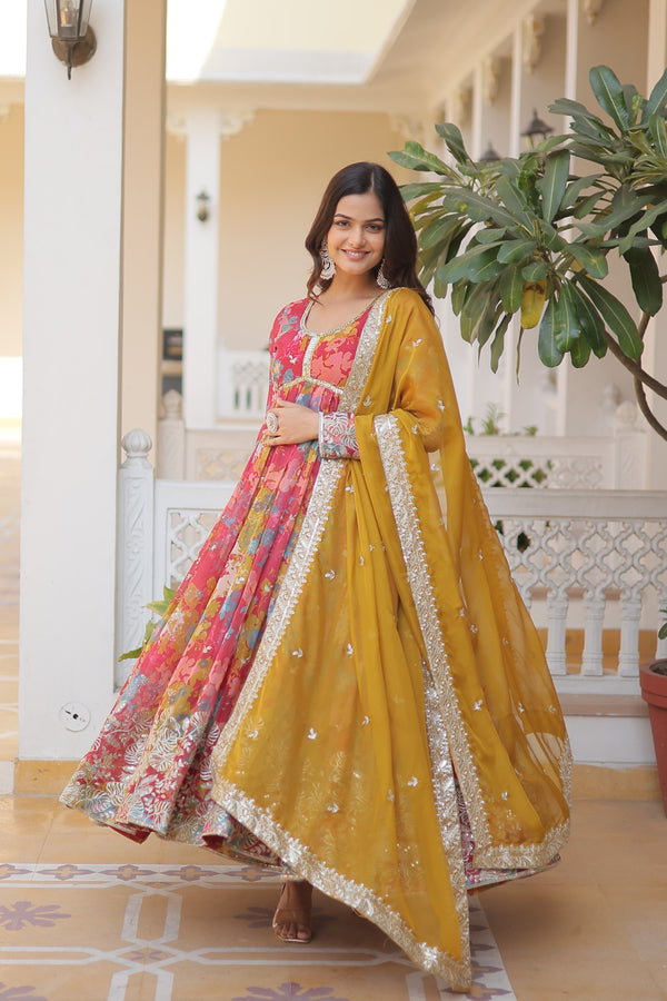 Multicolour Fancy V Neck Alia Cut Gown With Dupatta Set