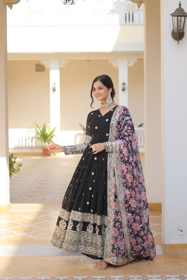 Black Embroidery Zari Sequins-work Gown with Dupatta