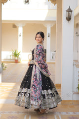 Black Embroidery Zari Sequins-work Gown with Dupatta