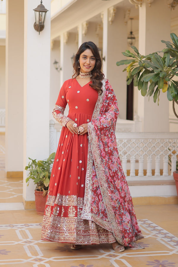 Red Embroidery Zari Sequins-work Gown with Dupatta