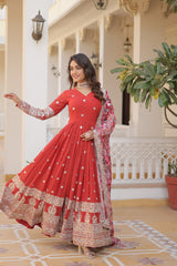 Red Embroidery Zari Sequins-work Gown with Dupatta