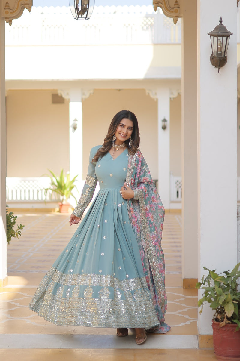 Sky Blue Embroidery Zari Sequins-work Gown with Dupatta