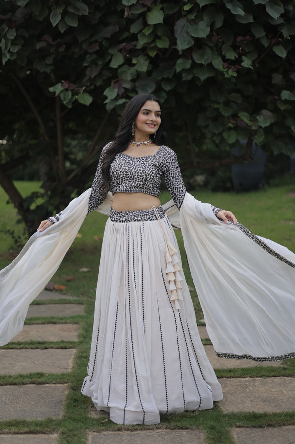 Cream Coloured Georgette with Sequence Work Lehenga Choli with Dupatta