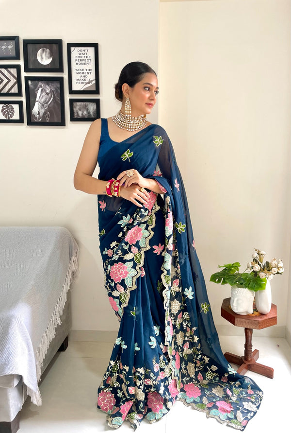Blue Floral Sequence & Multi Colour Embroidery Saree