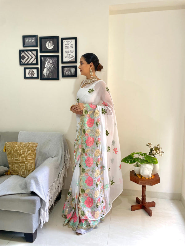White Floral Sequence & Multi Colour Embroidery Saree