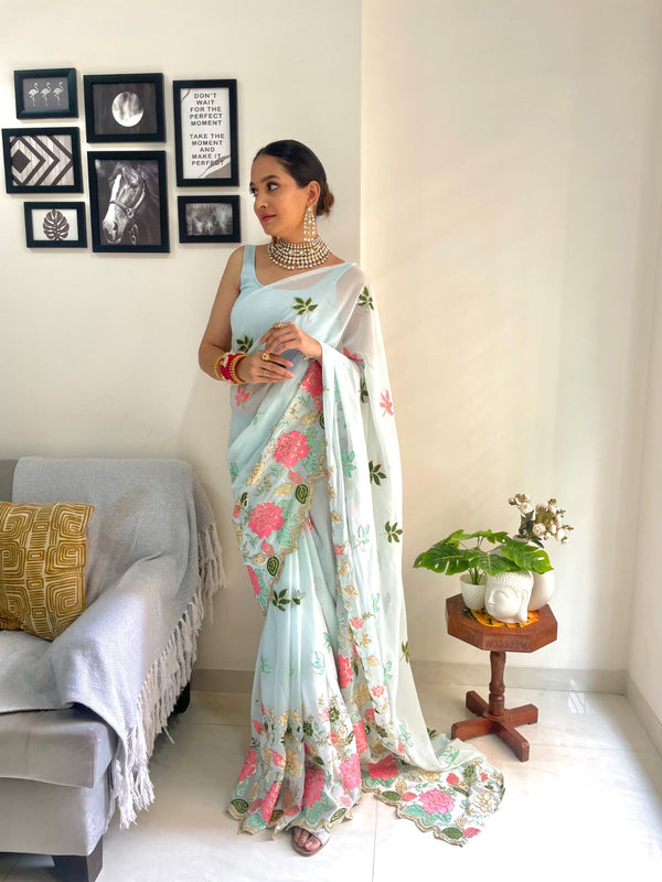 Sky Blue Floral Sequence & Multi Colour Embroidery Saree