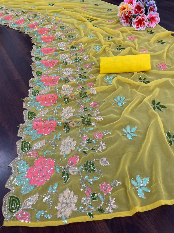 Yellow Floral Sequence & Multi Colour Embroidery Saree