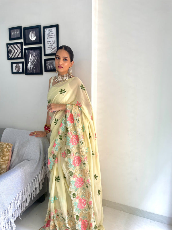 Off White Floral Sequence & Multi Colour Embroidery Saree