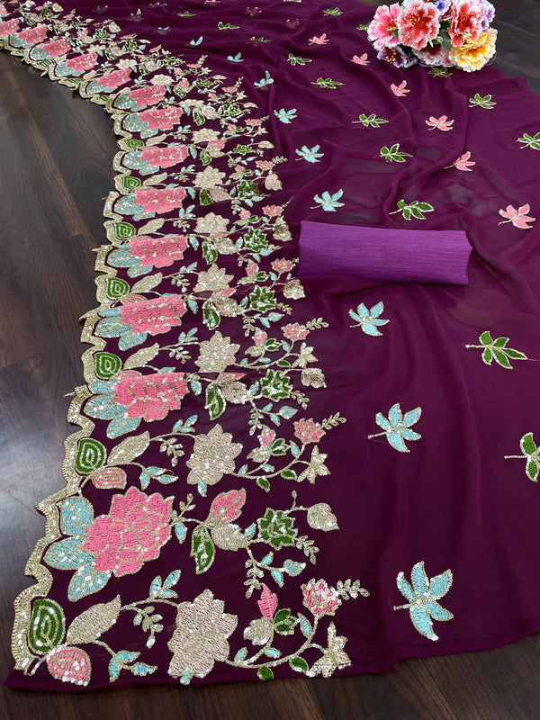 Purple Floral Sequence & Multi Colour Embroidery Saree