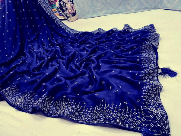 Blue Soft Rangoli Silk Fabric With Designer Swaroski Diamond Work