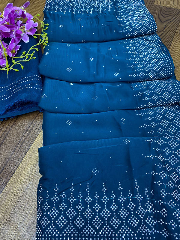 Turquiose Blue Soft Rangoli Silk Fabric With Designer Swaroski Diamond Work