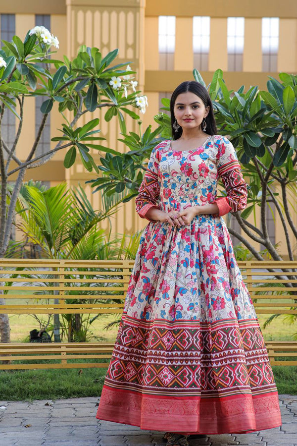 Kalamkari Designed Silk Gown with Jequard weaving Work
