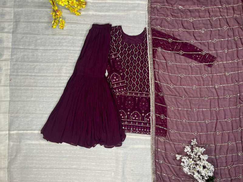 Wine Top With Sequins Embroidered & Gota-Patti Dupatta with Sharara