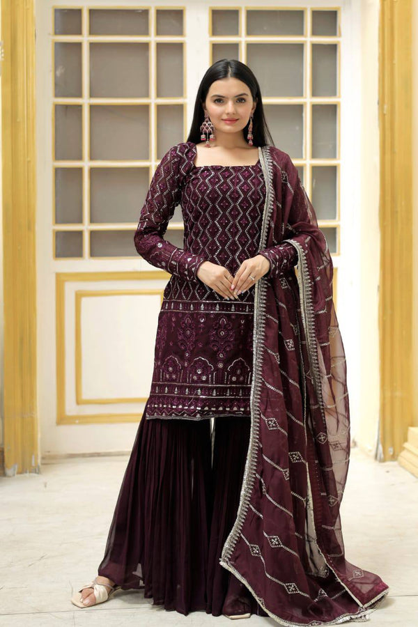 Wine Top With Sequins Embroidered & Gota-Patti Dupatta with Sharara