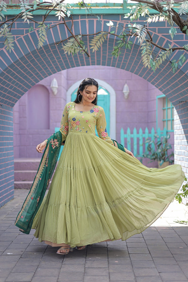 Green Faux Georgette Gown with Russian silk Dupatta