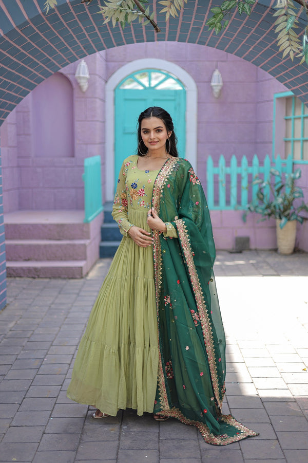 Green Faux Georgette Gown with Russian silk Dupatta