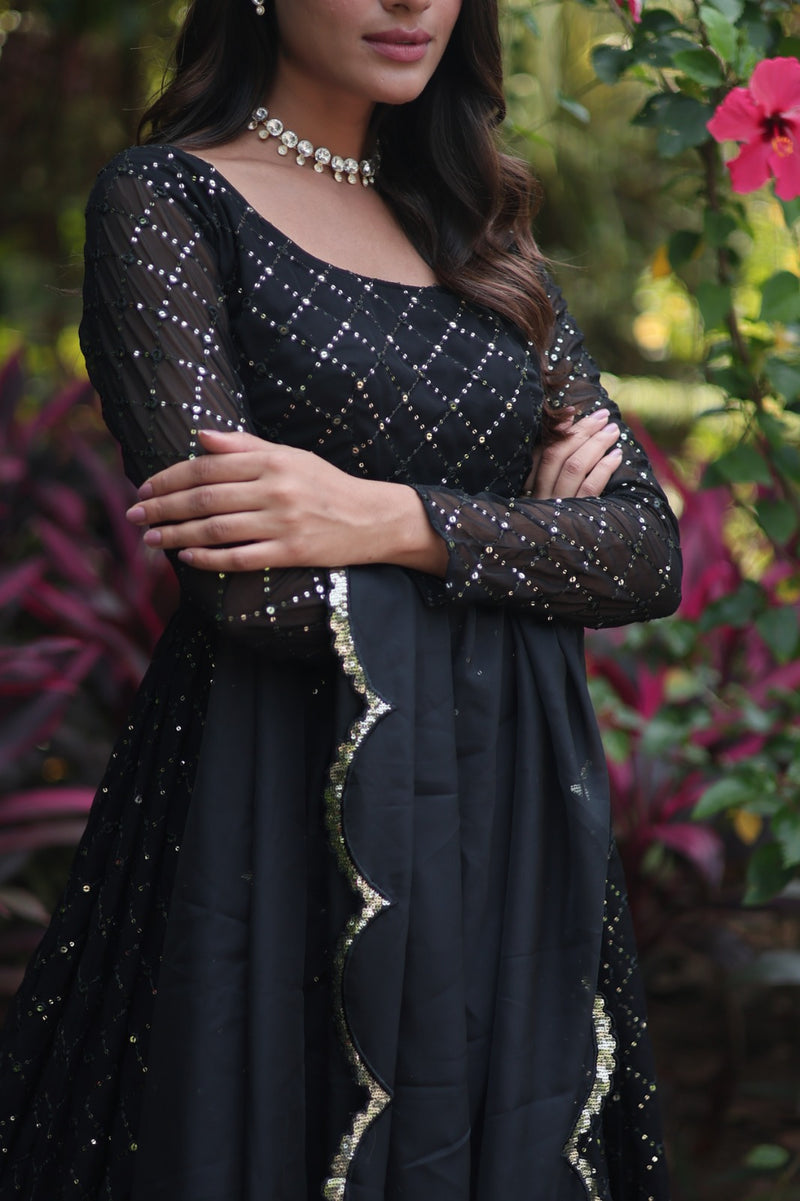 Black gown with Sequins-Multi Viscose thread Embroidered Work