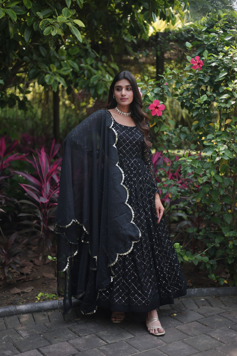 Black gown with Sequins-Multi Viscose thread Embroidered Work
