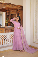 Lavender Unique Coloured Faux Georgette with Embroidered work Gown
