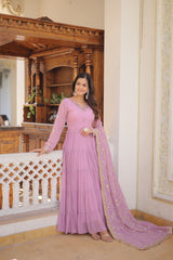 Lavender Unique Coloured Faux Georgette with Embroidered work Gown