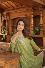 Parrot Green Unique Coloured Faux Georgette with Embroidered work Gown