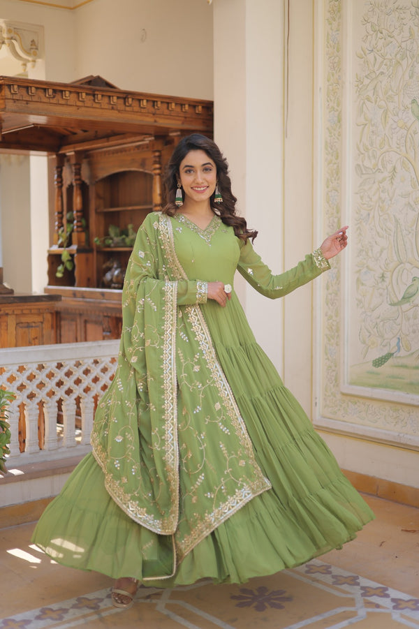 Parrot Green Unique Coloured Faux Georgette with Embroidered work Gown