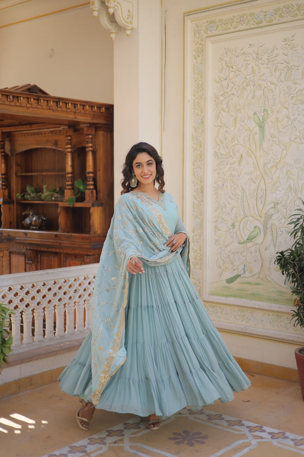 Sky Blue Unique Coloured Faux Georgette with Embroidered work Gown