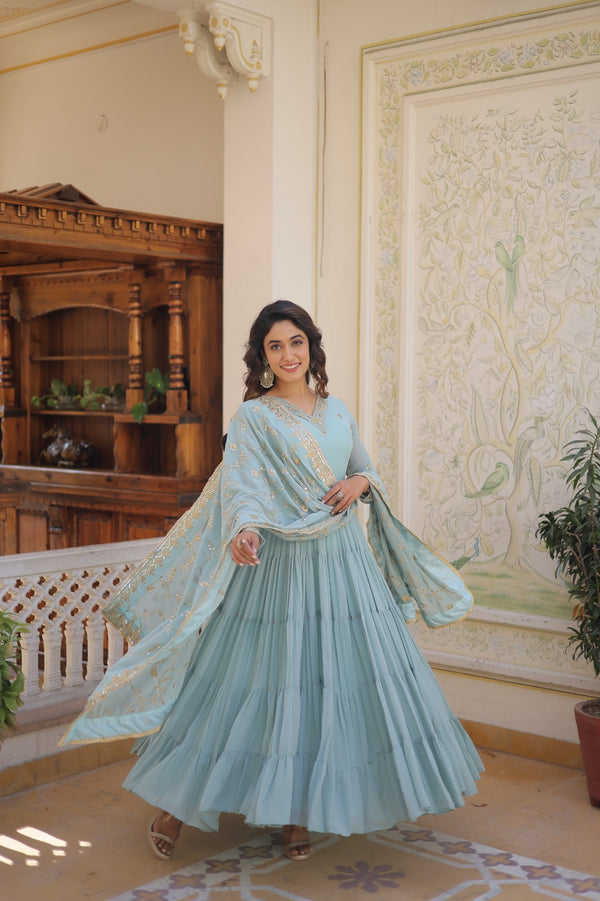 Sky Blue Unique Coloured Faux Georgette with Embroidered work Gown