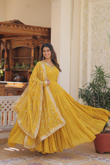 Yellow Unique Coloured Faux Georgette with Embroidered work Gown