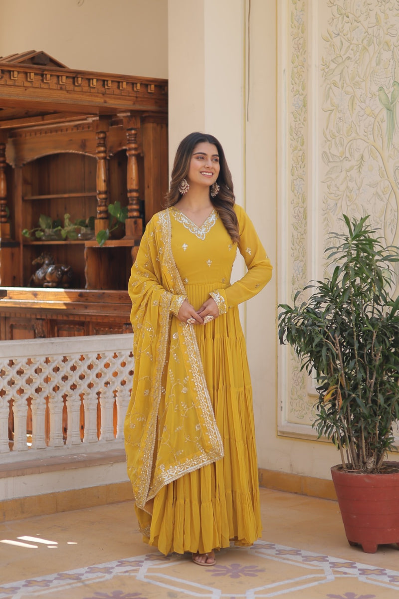 Yellow Unique Coloured Faux Georgette with Embroidered work Gown