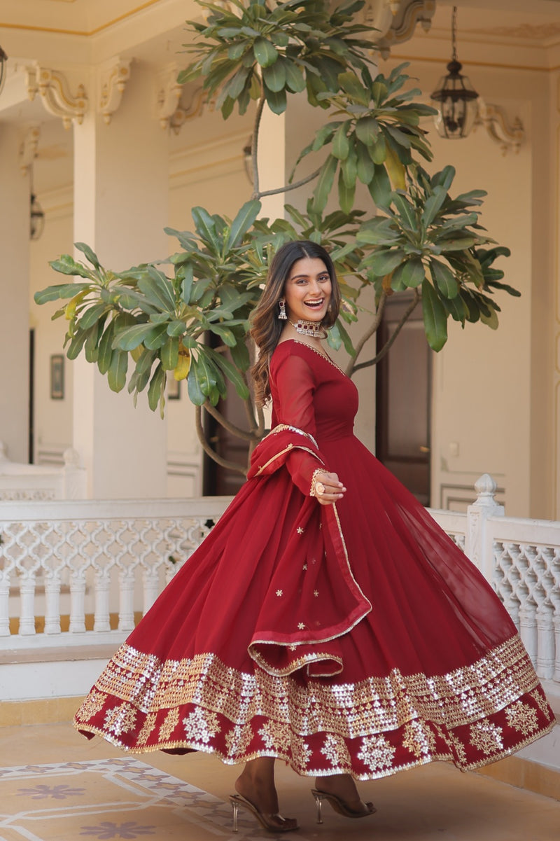 Maroon Gown with Dupatta With Attractive Embroidered Sequins work