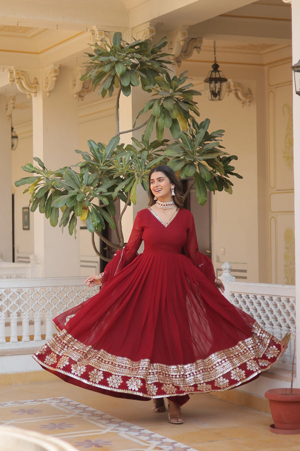Maroon Gown with Dupatta With Attractive Embroidered Sequins work