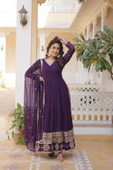 Wine Gown with Dupatta With Attractive Embroidered Sequins work
