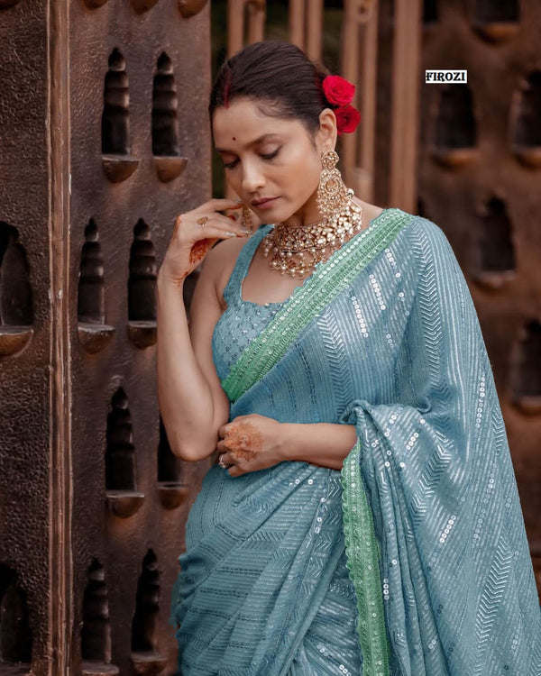 SEA GREEN HEAVY EMBROIDERY COADING SEQUENCE LACE BORDER ON SAREE