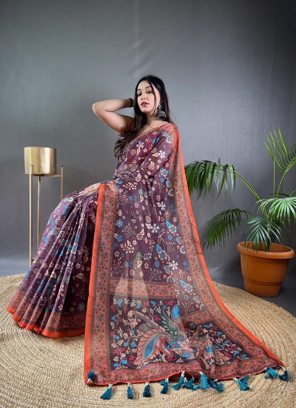 Maroon Pure Malai Cotton Saree with Beautiful Kalamkari Prints