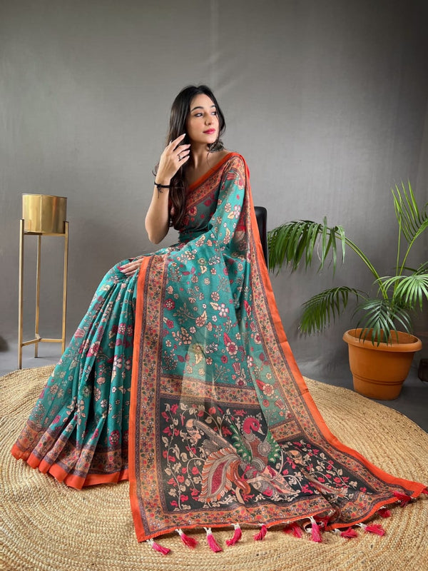 Turquoise Pure Malai Cotton Saree with Beautiful Kalamkari Prints