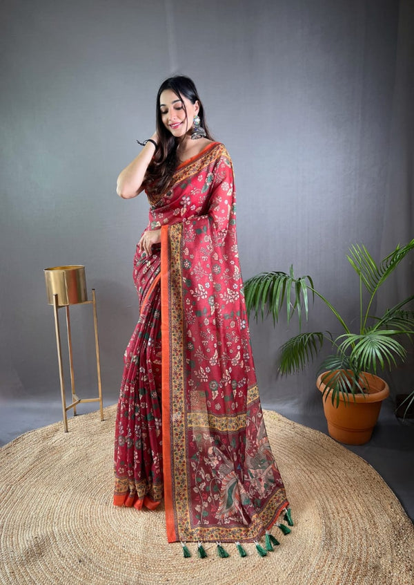 Red Pure Malai Cotton Saree with Beautiful Kalamkari Prints