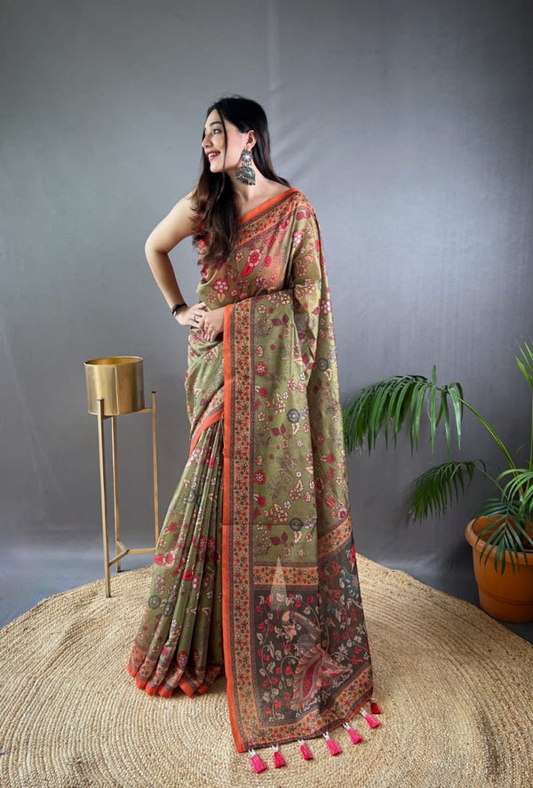 Pista Green Pure Malai Cotton Saree with Beautiful Kalamkari Prints