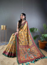 Yellow Pure Malai Cotton Saree with Beautiful Kalamkari Prints