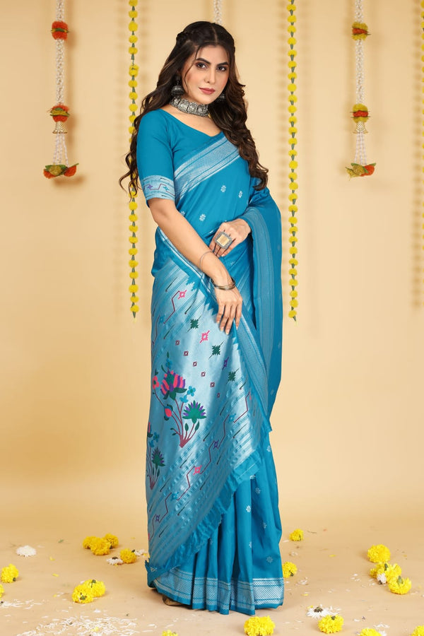 Blue Soft Silk Paithani Saree with With Meenakari work
