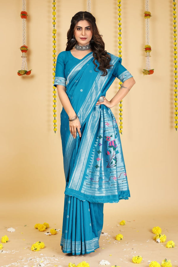 Blue Soft Silk Paithani Saree with With Meenakari work